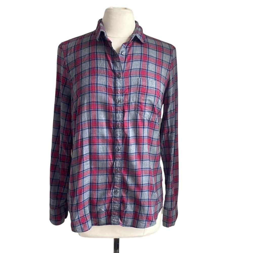J. CREW Plaid Button Down Shirt Womens Sz Medium Red Grey Flannel Cabincore